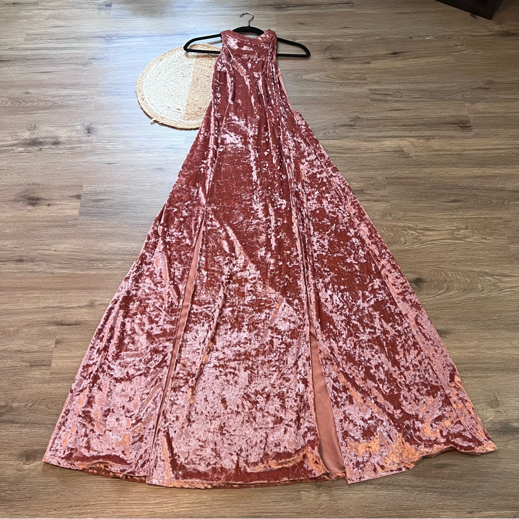 Lulu's Velvet High Neck Open Back Front Slit Gown
